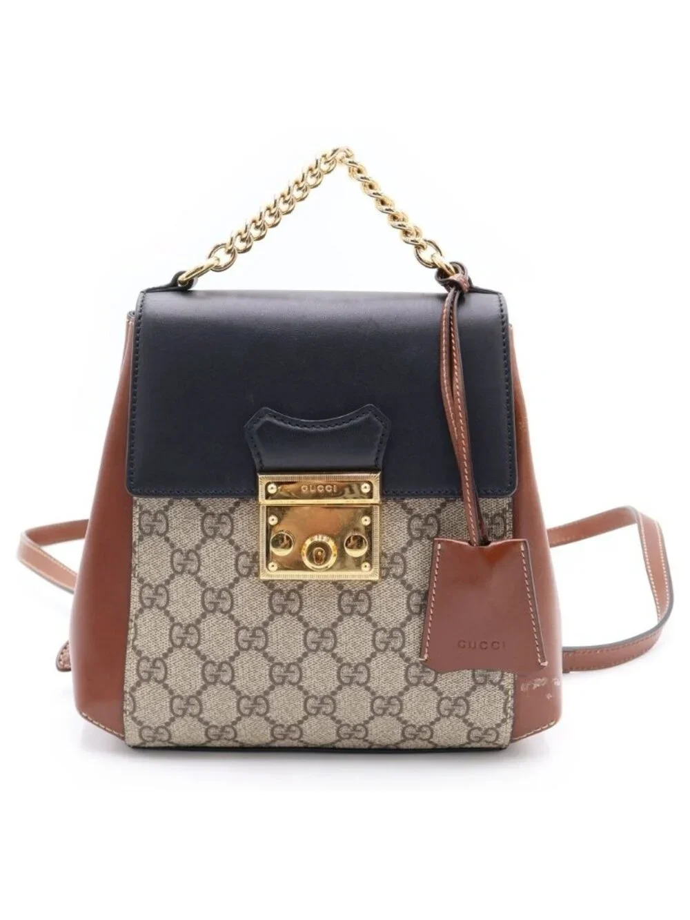 Gucci GG Supreme Backpack Brown Beige Black Leather Gold
